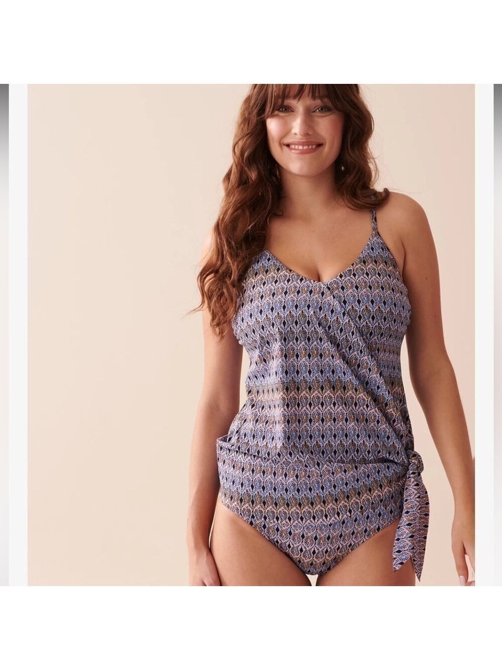 NWOT La Vie en Rose Aqua textured knotted tankini swim top XXL
